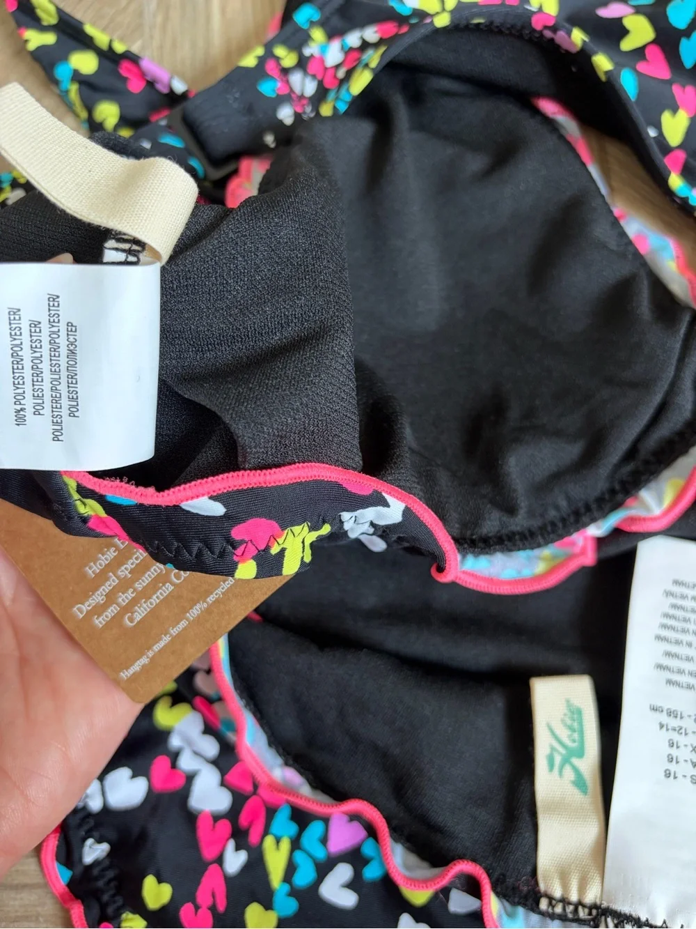 Hobie Flounce Bralette Bikini Top Hipster Bottom Swimsuit Black Hearts A Flutter